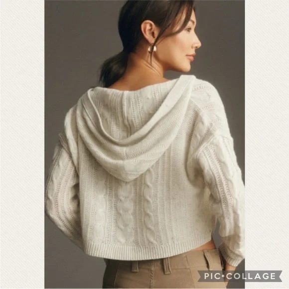 :Price Firm: Anthropologie Crop Cable Cashmere Cardigan Hoodie in Light Gray - Picture 2 of 9